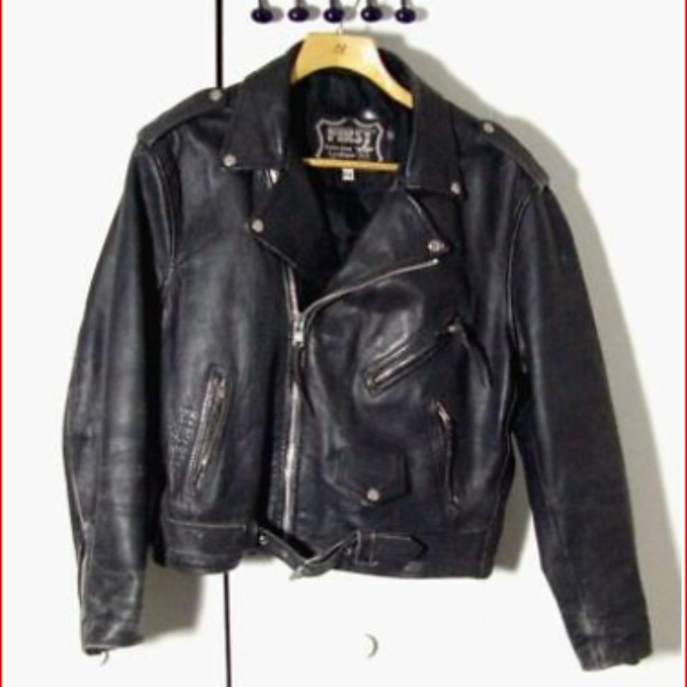Vtg Distress Black First Genuine Leather Motorcycle Biker Jacket Sz 48 /L